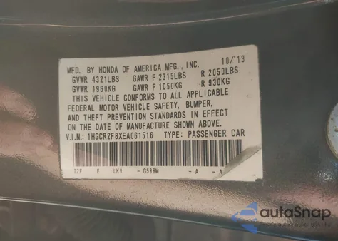 2014 Honda Accord Ex-L z USA, uszkodzony, nr VIN 1HGCR2F8XEA061516